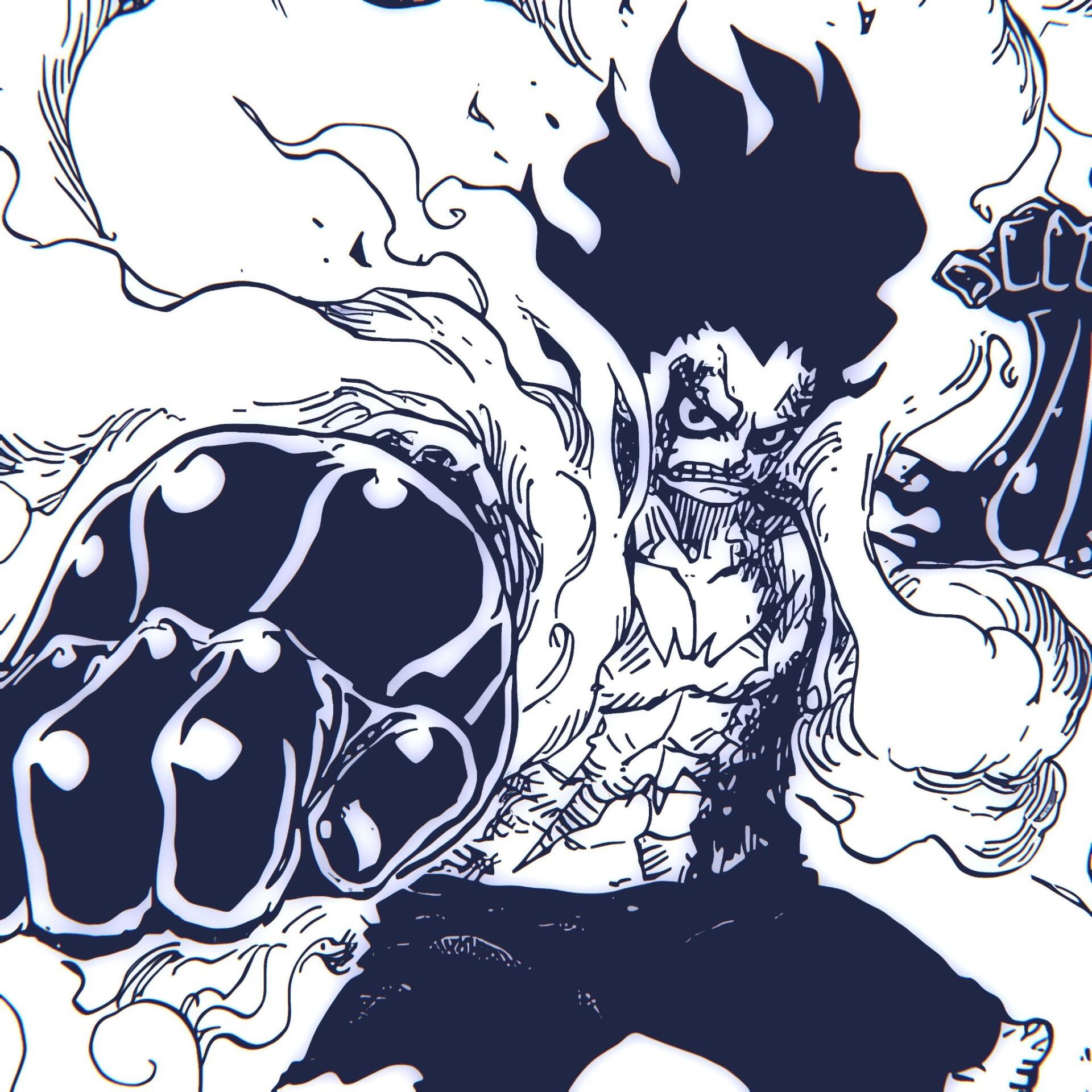 Anime-style forum avatar of Monkey D. Luffy from One Piece in his intense Gear Fourth form, featuring dynamic manga-inspired black and white line art.
