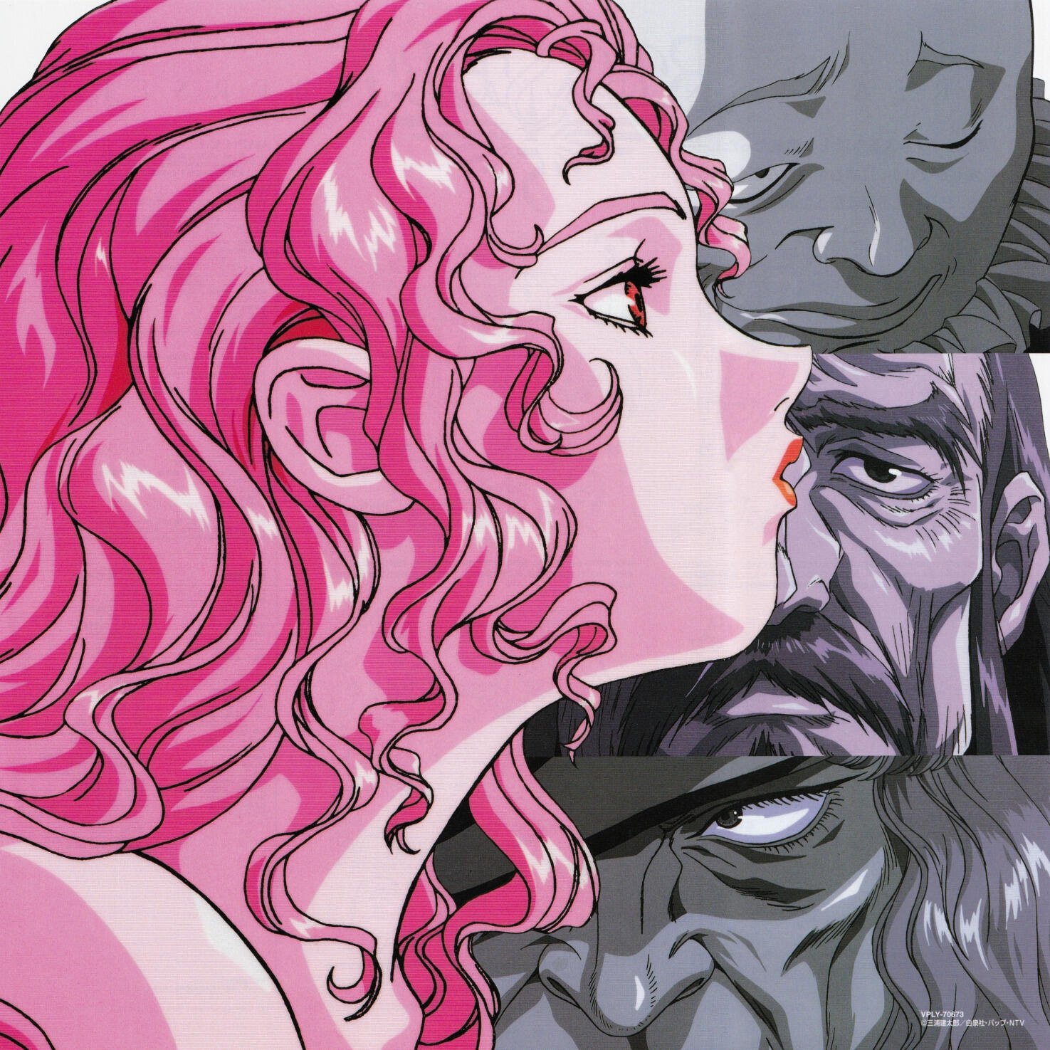 Anime-inspired profile picture featuring a striking character with pink hair, poised in a close-up against the contrasting faces of other characters, embodying the dark themes of Berserk.