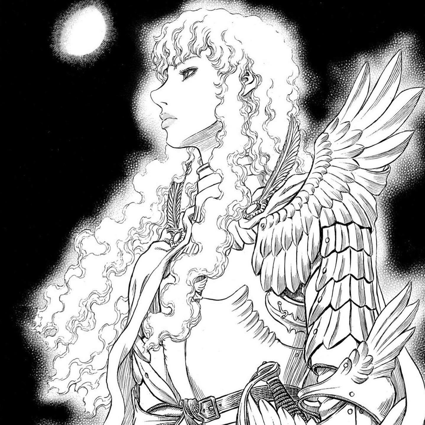 A black-and-white illustration of Griffith from the manga Berserk, showcasing his long, wavy hair and ornate armor, gazing into the distance against a dark background.