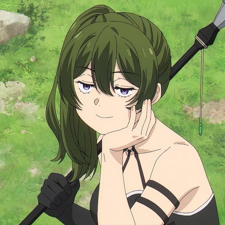 Anime profile picture featuring Ubel from Frieren: Beyond Journey's End. She has long green hair and a playful expression, set against a natural background.