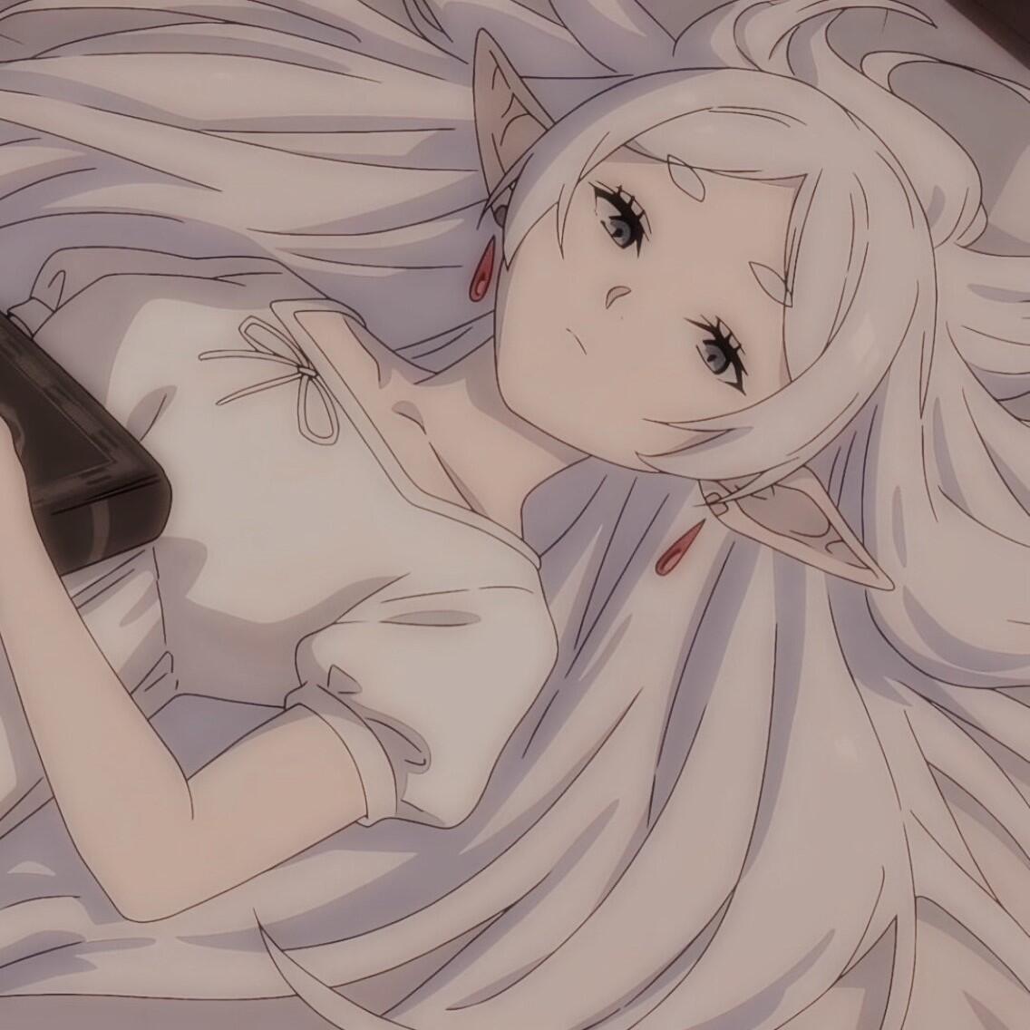 Anime avatar from Frieren: Beyond Journey's End, featuring Frieren with long white hair and pointed ears, lying down with a contemplative expression.