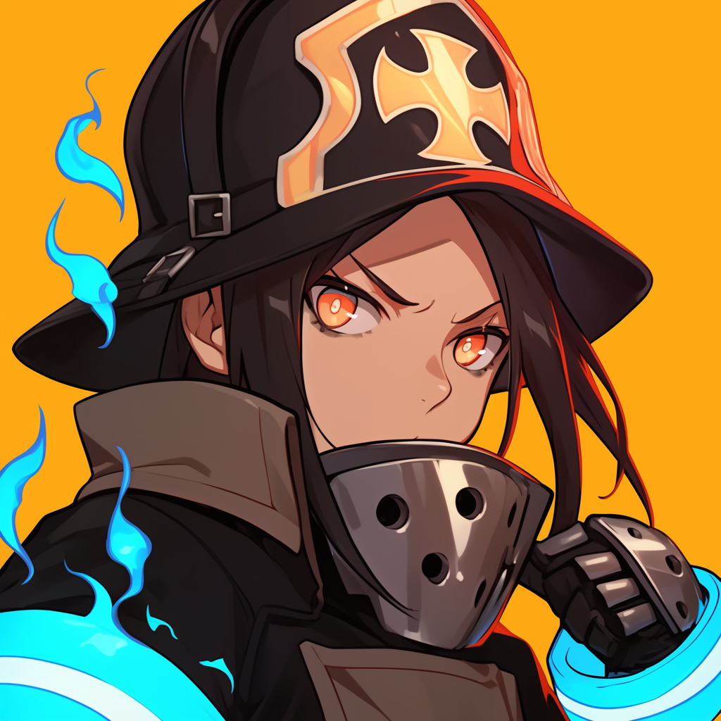Anime-inspired avatar featuring Tamaki Kotatsu from Fire Force. The character showcases intense orange eyes, wearing a black helmet and glowing blue flames, set against a vibrant orange background.
