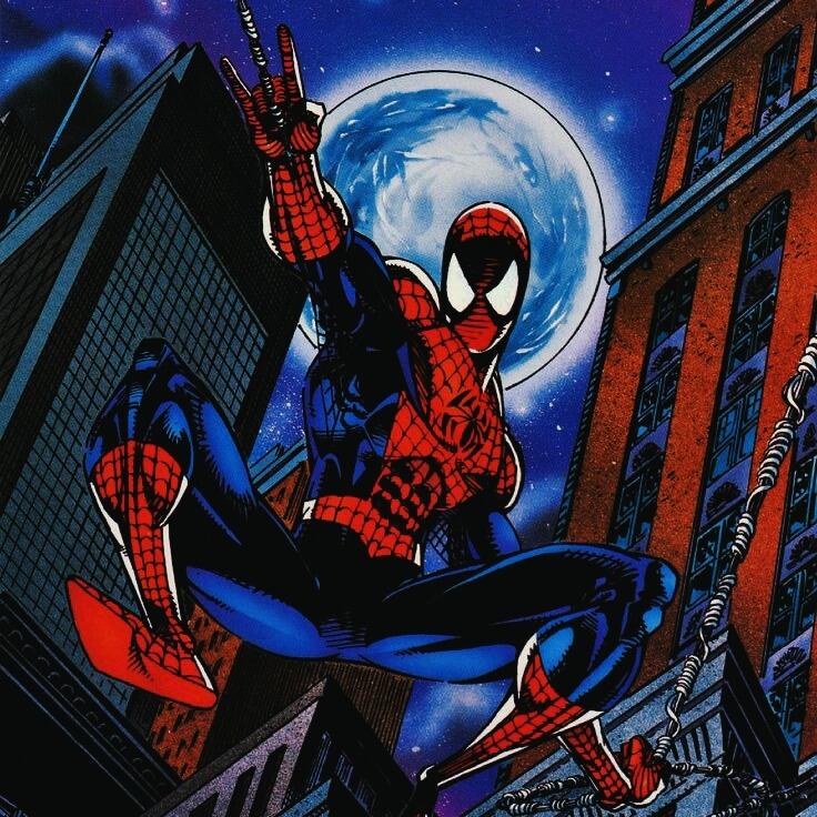 Comic-style Spider-Man swings through a cityscape at night with a full moon in the background, captured as a dynamic forum avatar/profile photo.