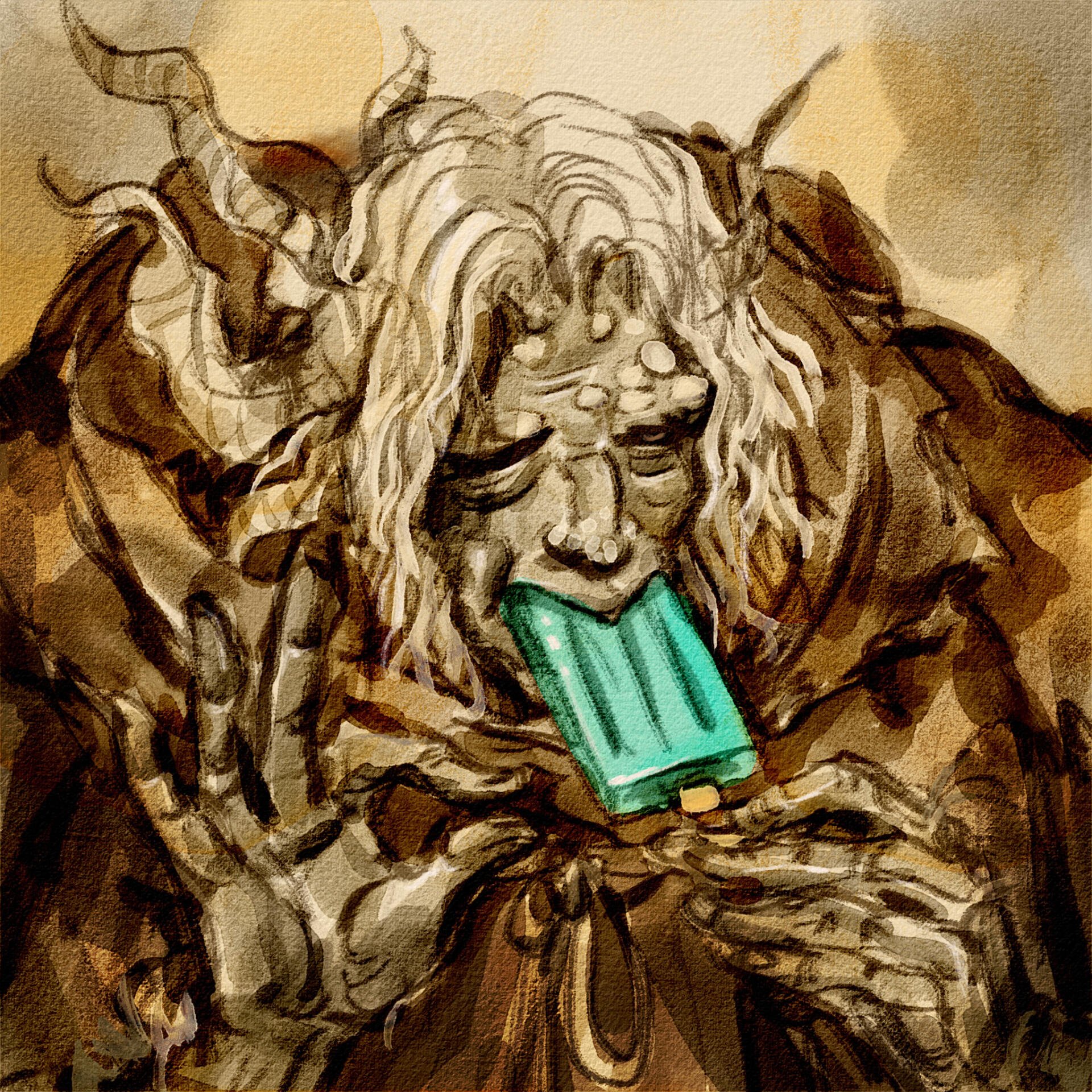 A whimsical depiction of Margit the Fell Omen from Elden Ring, featuring the character enjoying a popsicle, set against a muted, earthy background.