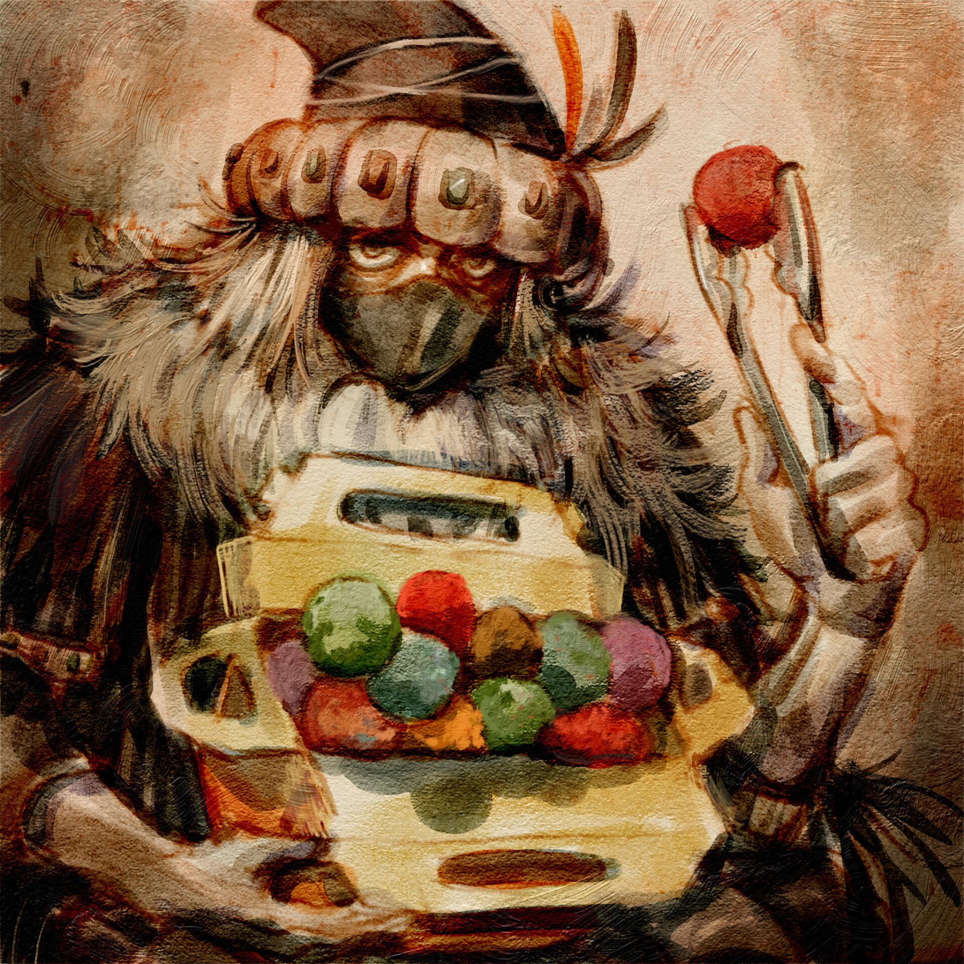 A character from Elden Ring, wearing a mask and a feathered headdress, holds a tray of colorful items while wielding tongs, embodying the game's unique art style.