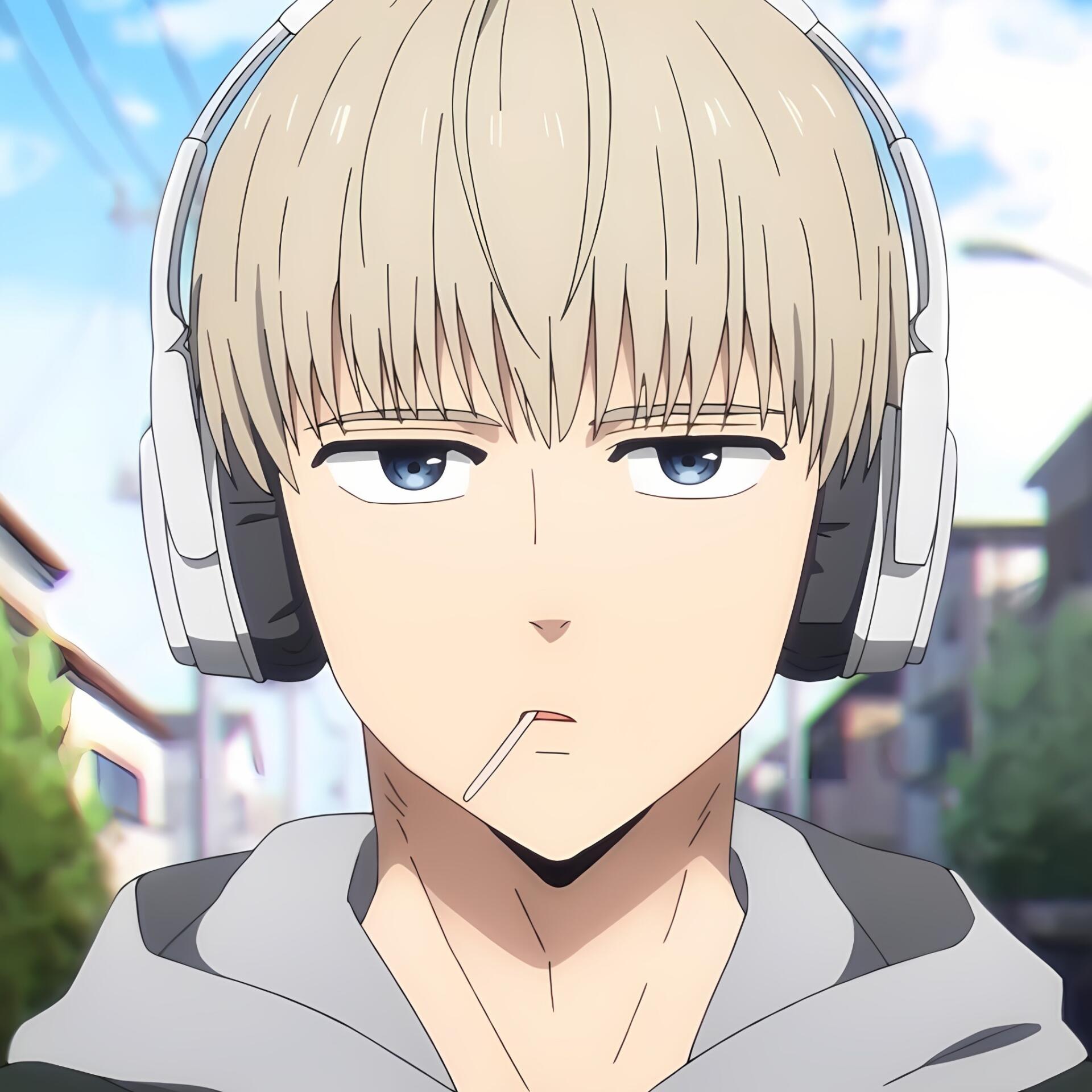 Anime-style profile photo of Ren Kaji from Wind Breaker, featuring a character with blonde hair, wearing headphones, and a subtle expression while holding a toothpick.