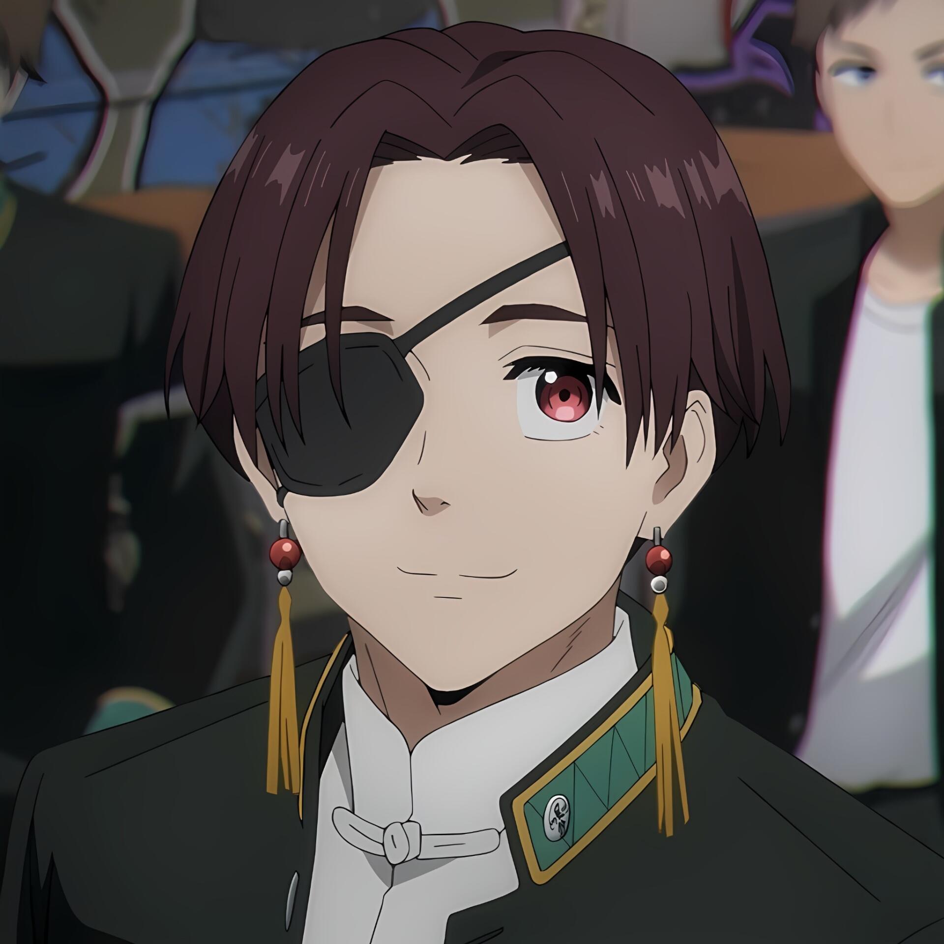 Profile photo of Hayato Suou from the anime Wind Breaker. He has a confident smile, an eye patch, and wears a stylish outfit, set against a blurred background of other characters.
