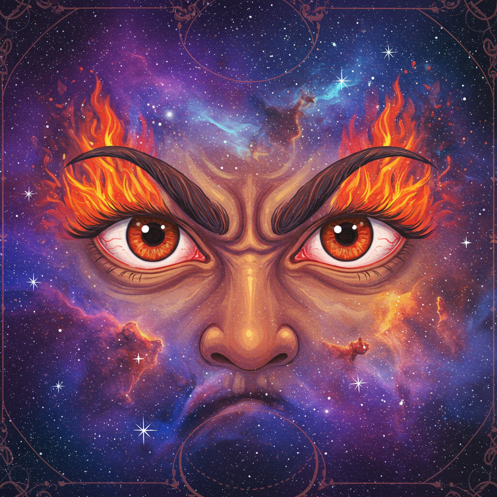 A stylized avatar featuring a pair of intense, angry eyes set against a cosmic background, with flames depicted above the eyebrows, capturing a powerful and fierce expression.