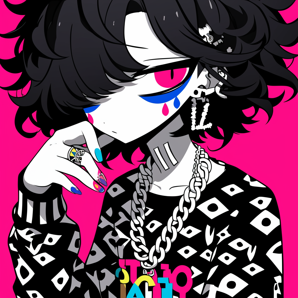 An emo-style anime character with dark, wavy hair, expressive eyes, and colorful makeup. Dressed in a patterned sweater, they pose thoughtfully against a bright pink background.