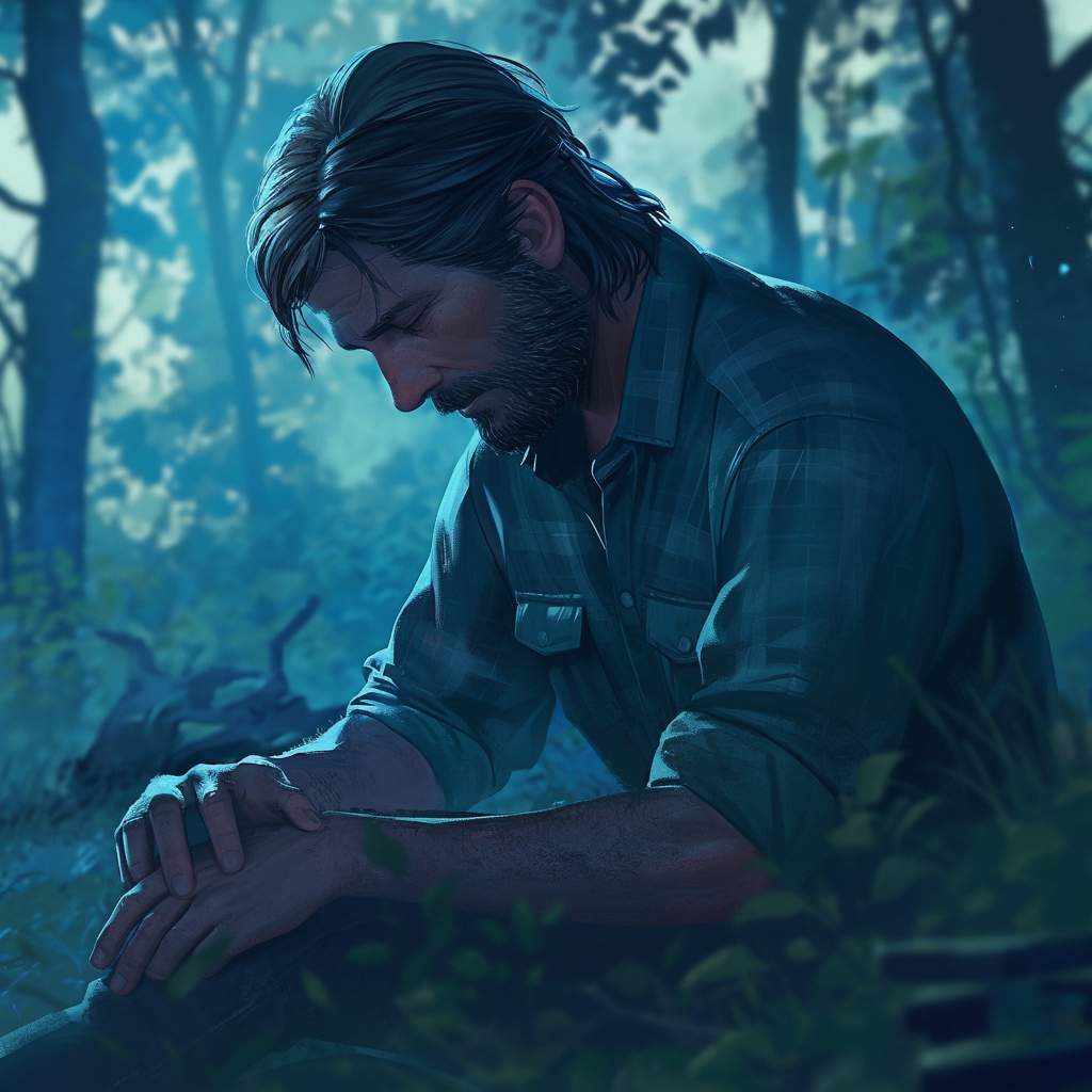 A contemplative profile image of Joel from The Last of Us, set against a moody forest backdrop, capturing a moment of reflection in a video game narrative.