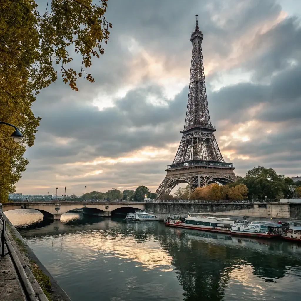 An iconic view of the Eiffel Tower in France, reflecting in the Seine River under a dramatic sky, ideal for a forum avatar or profile photo.