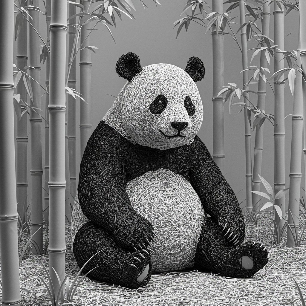 A whimsical panda avatar sitting among bamboo, crafted from textured materials, creating a charming and playful profile picture.