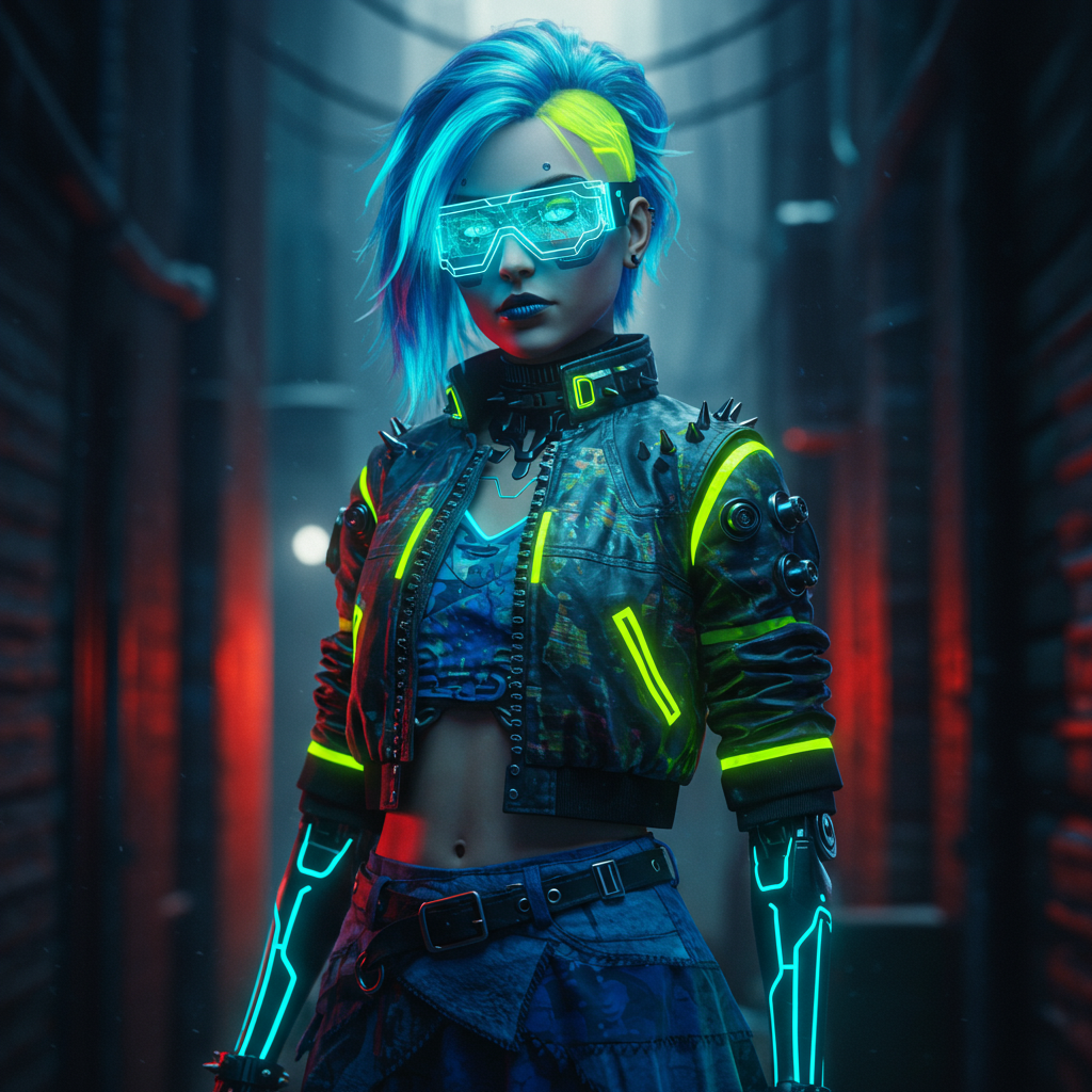 A cyberpunk girl stands confidently in a dimly lit alley, showcasing vibrant blue hair, futuristic glasses, and neon-accented clothing, embodying a bold, tech-inspired persona.