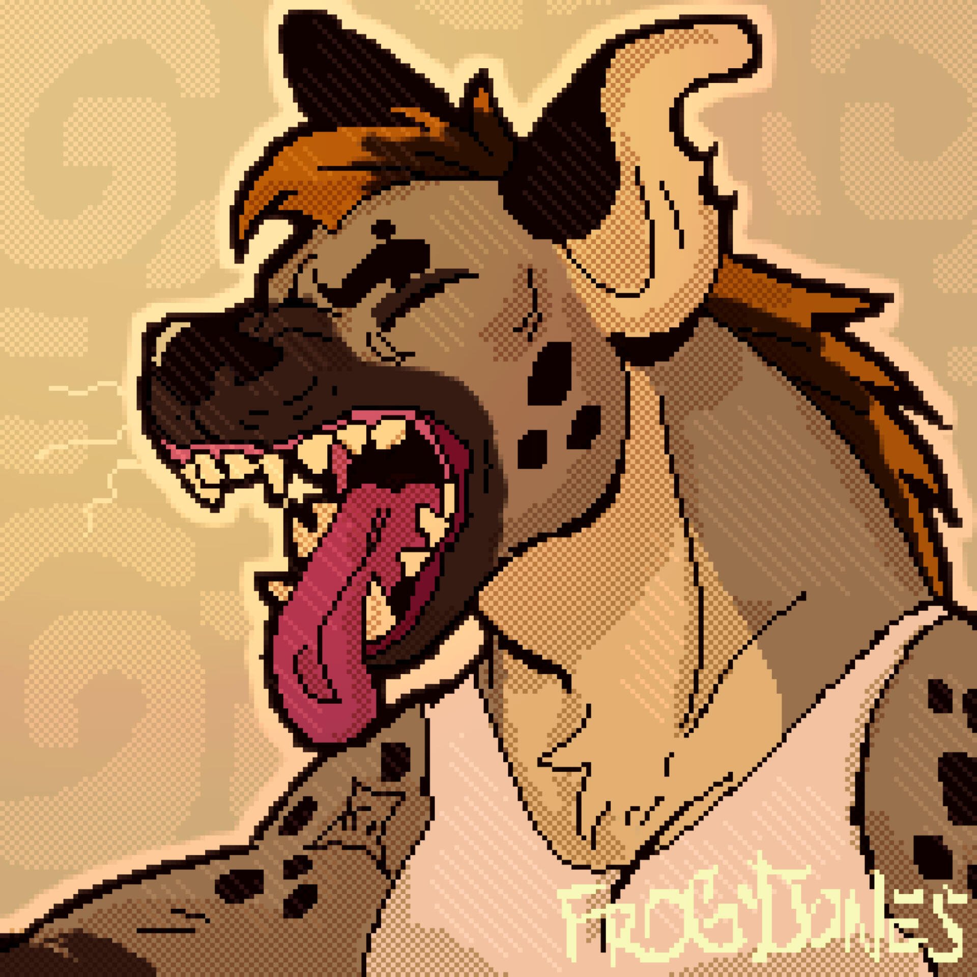 Pixel art of a snarling anthropomorphic hyena with spotted fur and a tank top, used as a furry forum avatar.