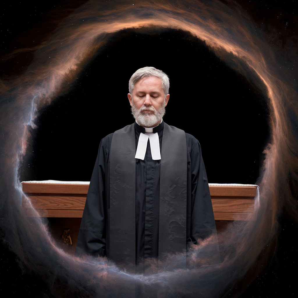 A priest stands in a contemplative pose, dressed in traditional attire with a black robe and white collar, set against a mystical, glowing backdrop for a forum avatar.