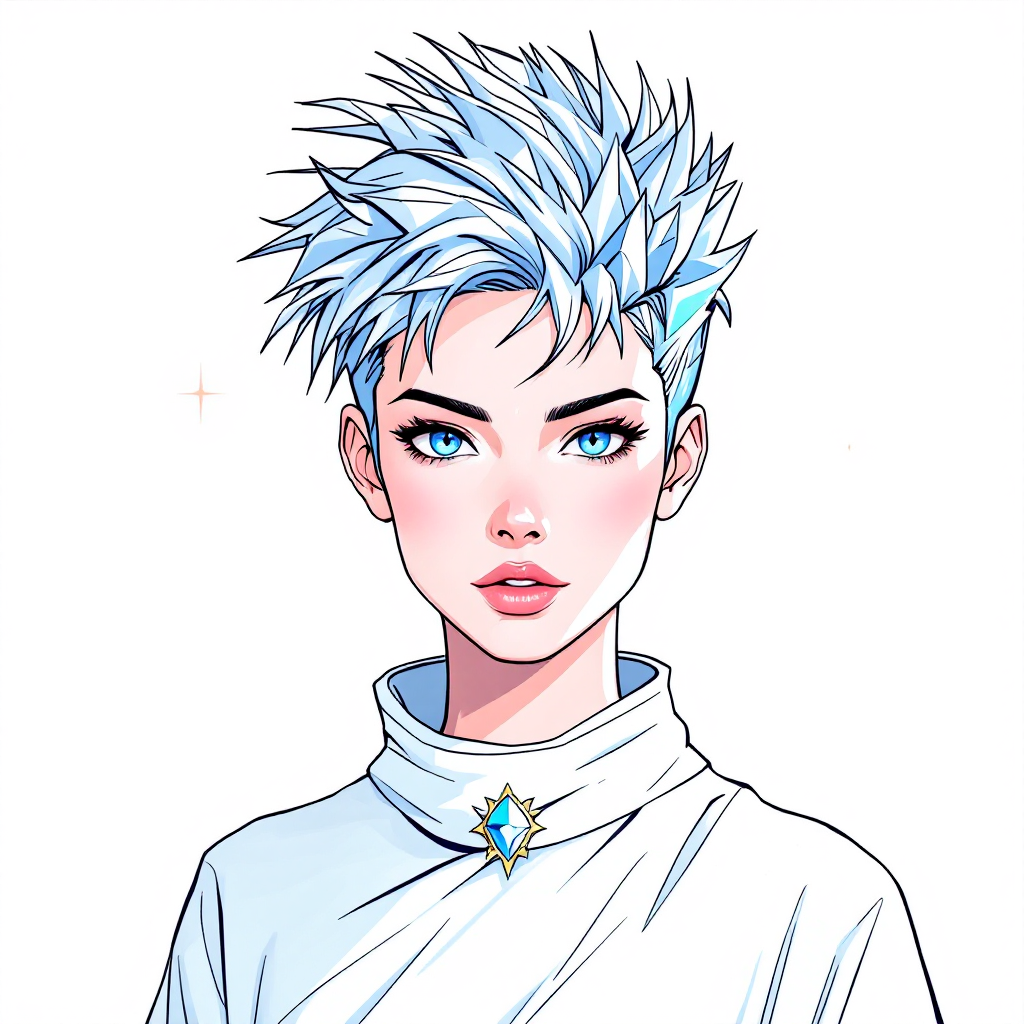 A stylized avatar featuring a young person with short, spiky icy blue hair and striking blue eyes, wearing a white outfit adorned with a gem.