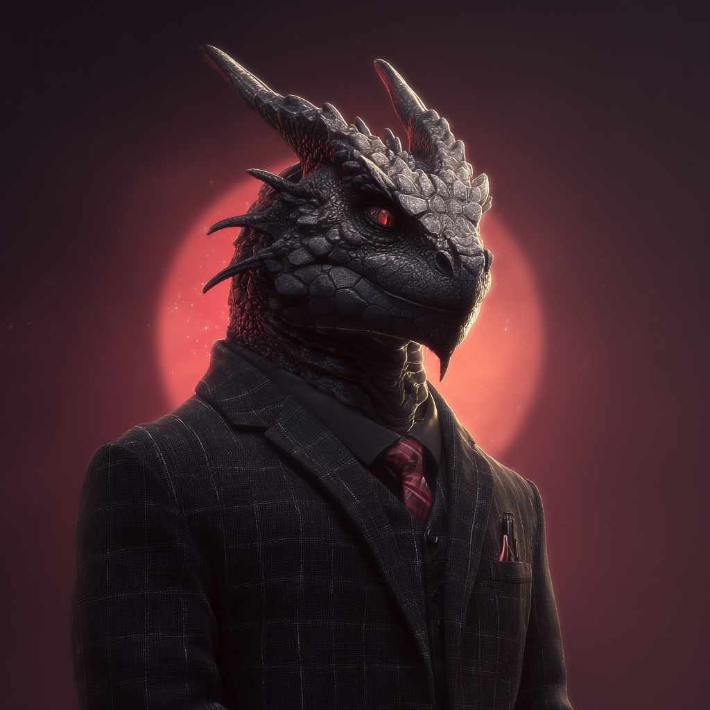 A fantasy-themed profile picture featuring a dragon in a formal suit. The dragon has intricate scales and piercing eyes, set against a glowing circular backdrop.