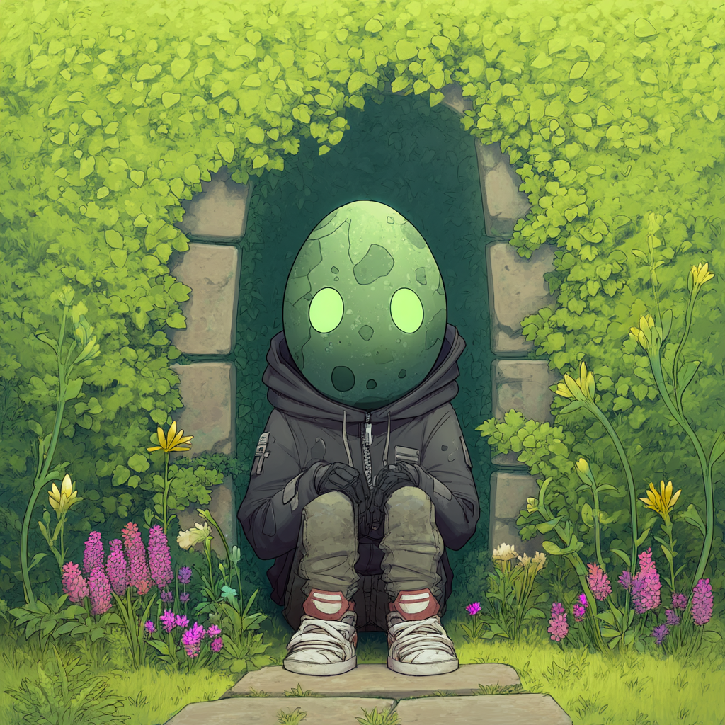 A whimsical fantasy-themed avatar featuring a figure with an egg-shaped head and green markings, sitting in a lush, flower-filled garden entrance.