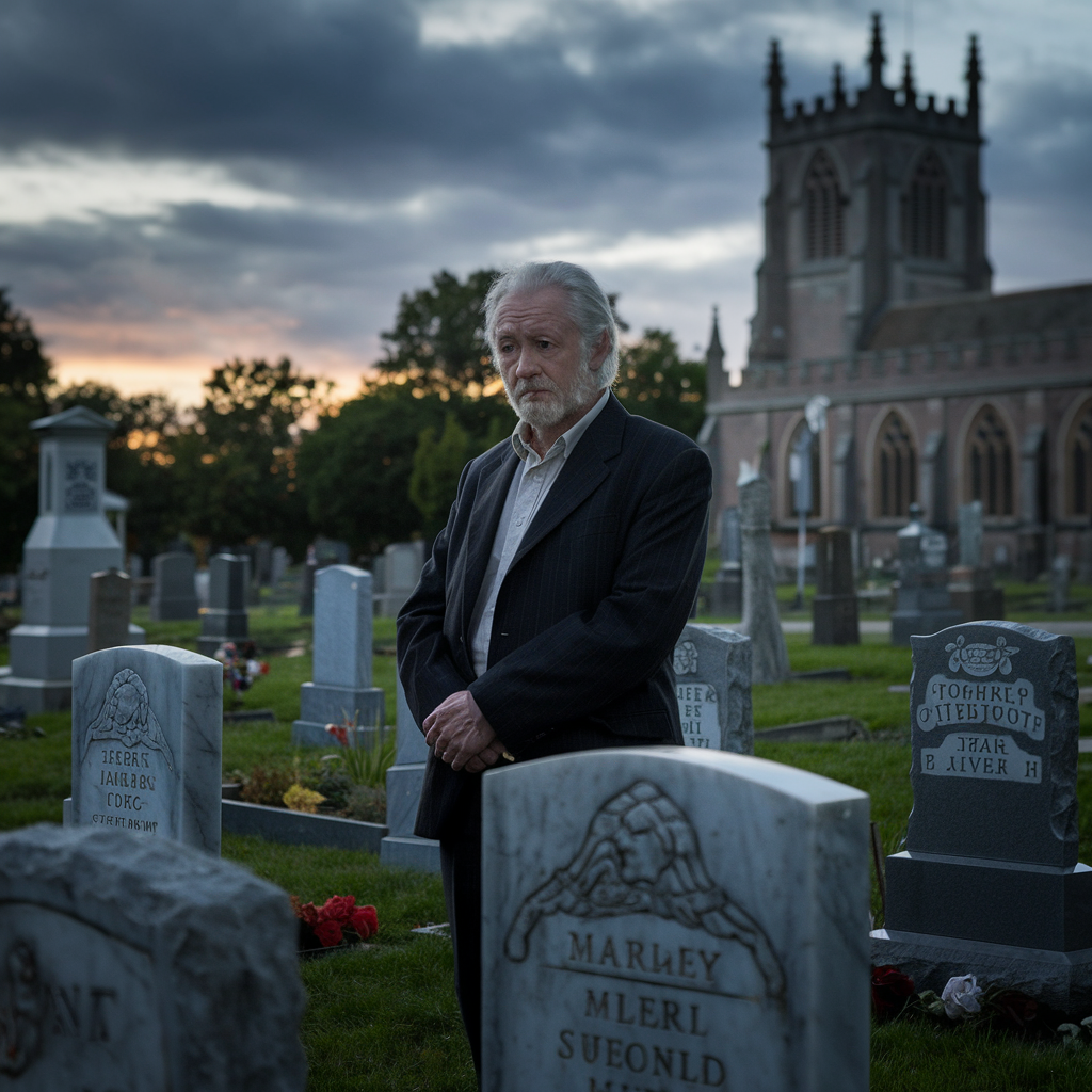 A solemn figure stands among gravestones in a cemetery at dusk, with a church in the background, capturing a reflective and somber atmosphere for a forum avatar.