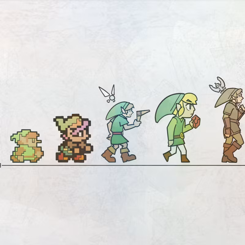 A profile picture featuring various pixel art representations of Link from The Legend of Zelda, showcasing his evolution from a small sprite to a detailed character design.