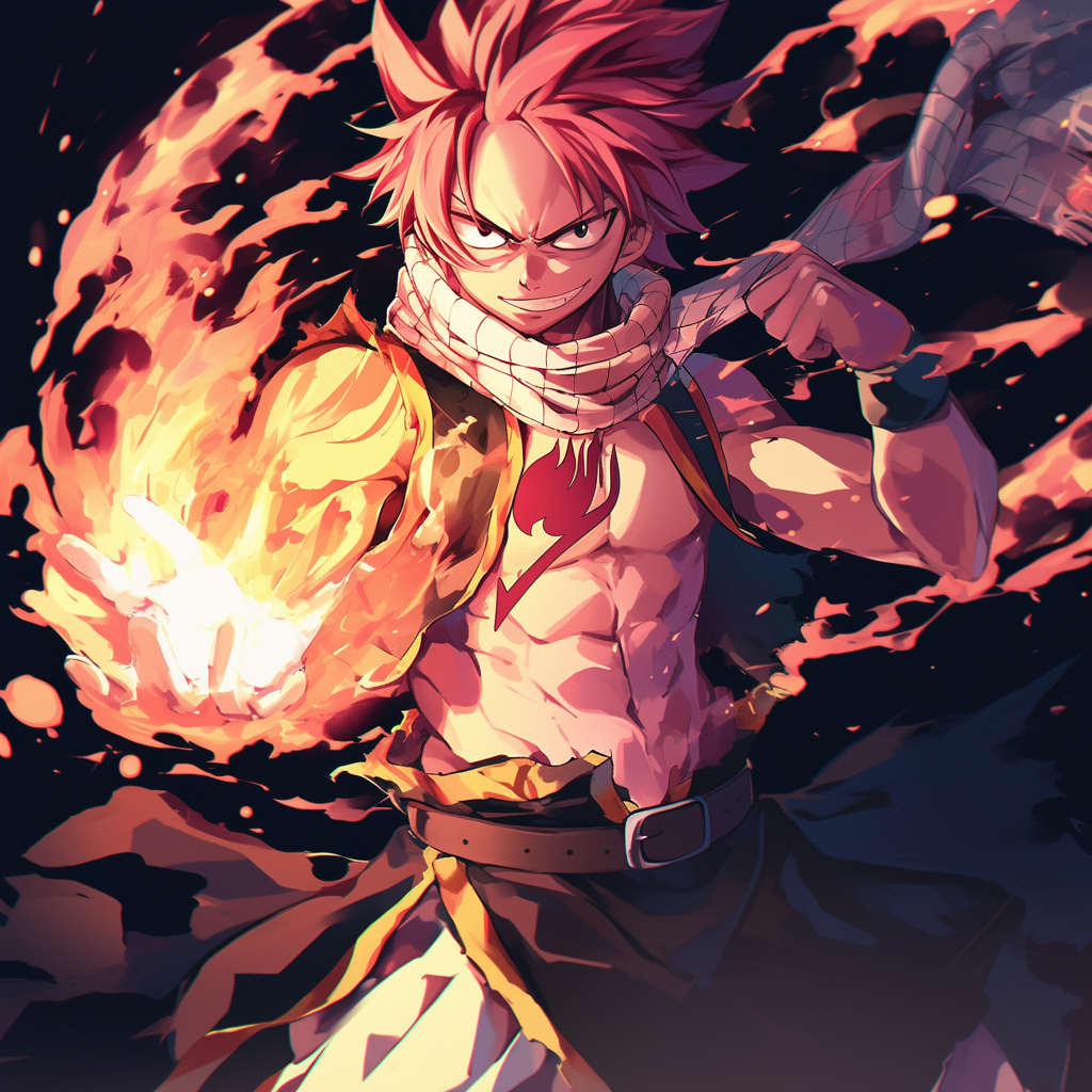 A dynamic profile photo of Natsu Dragneel from the anime Fairy Tail, surrounded by flames, showcasing his fierce expression and fiery powers.