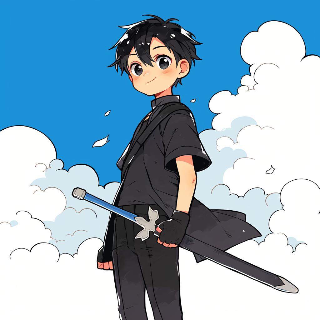 A colorful anime-style avatar featuring Kirito from Sword Art Online, standing confidently with a sword against a bright blue sky and fluffy clouds.