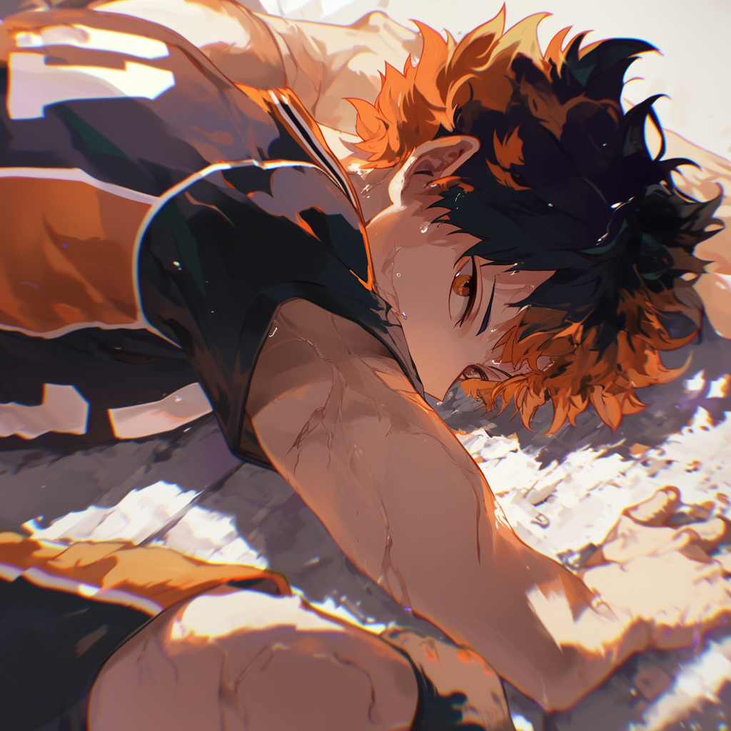 Anime profile picture featuring a character from Haikyū!!, showcasing dramatic orange and black hair, lying on the ground with an intense expression, capturing the spirit of the series.