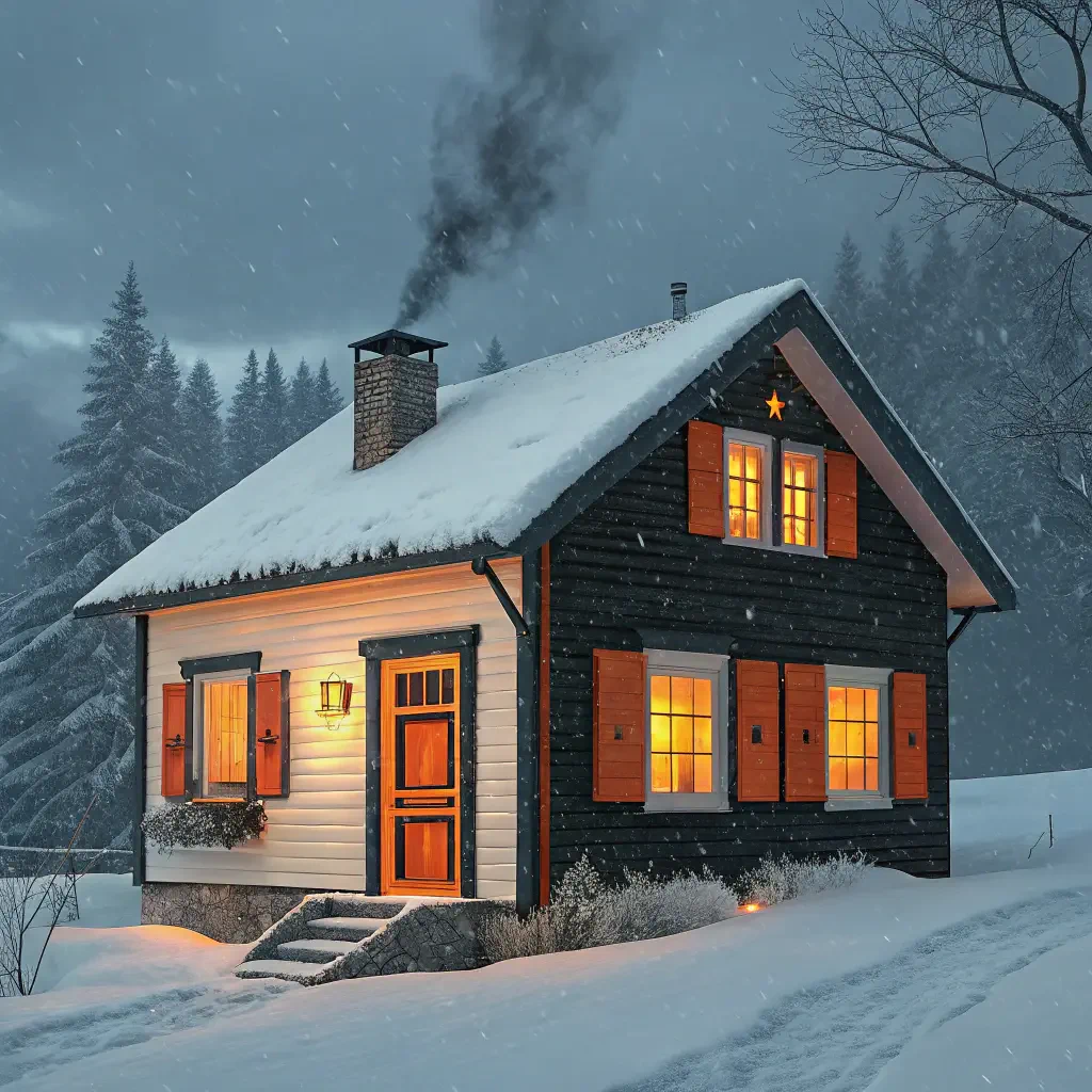 Cozy winter cabin with snow-covered roof, glowing windows, and a chimney emitting smoke, nestled among snowy trees at dusk.