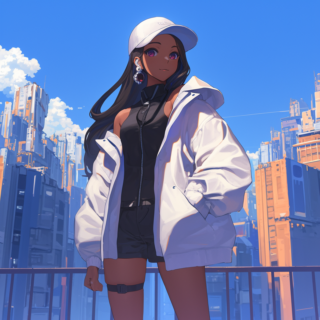 Anime profile picture featuring a black anime girl wearing a cap and a white jacket, set against a vibrant cityscape under a blue sky.