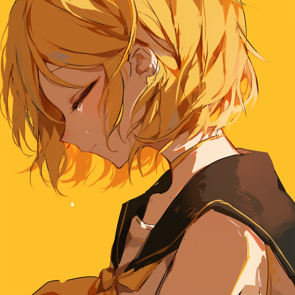 A yellow-themed anime profile picture featuring a melancholic character with short, tousled blonde hair, dressed in a dark outfit, conveying deep emotions.