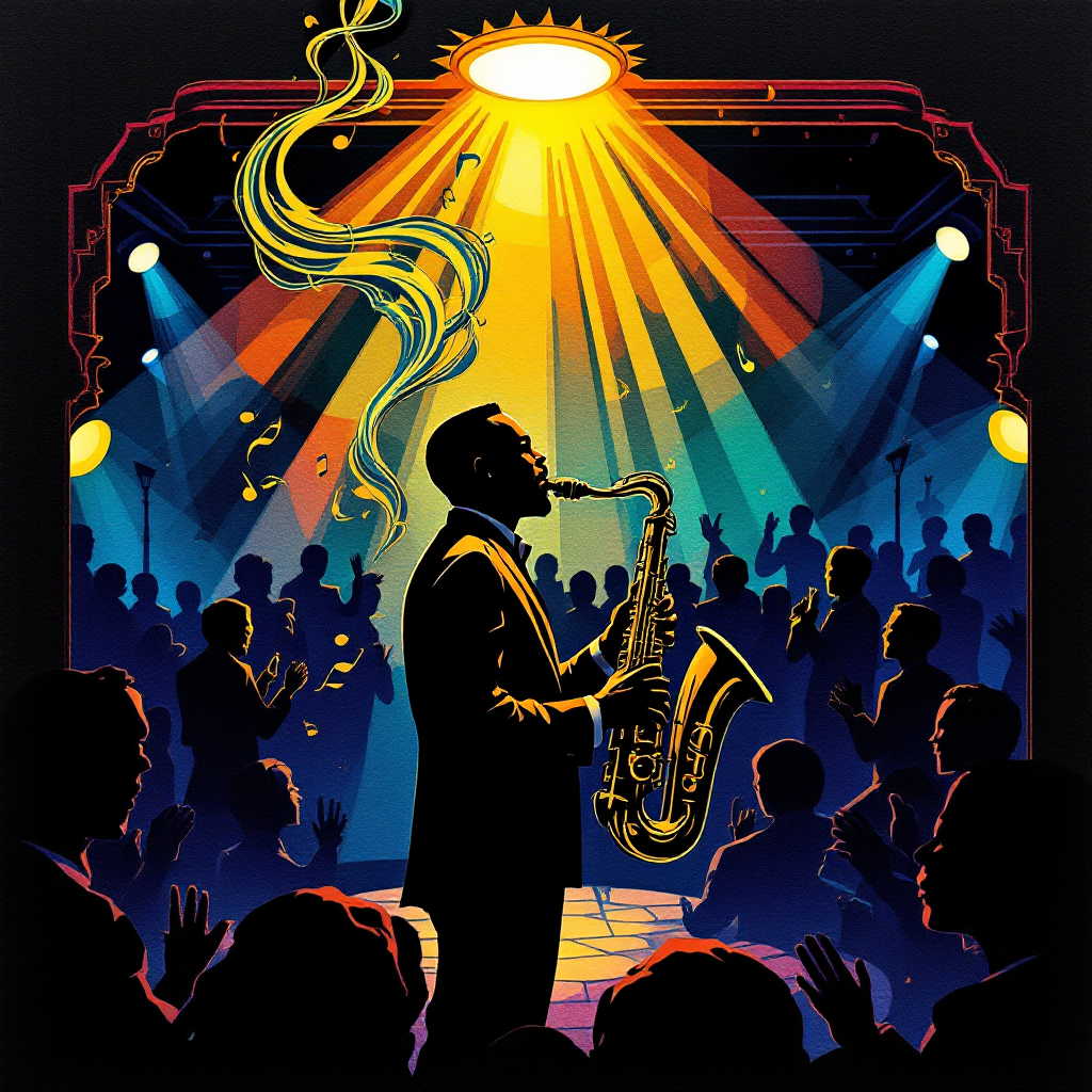 Silhouetted saxophone player performing on stage under dramatic spotlights, surrounded by an audience, capturing the vibrant energy of a jazz concert.