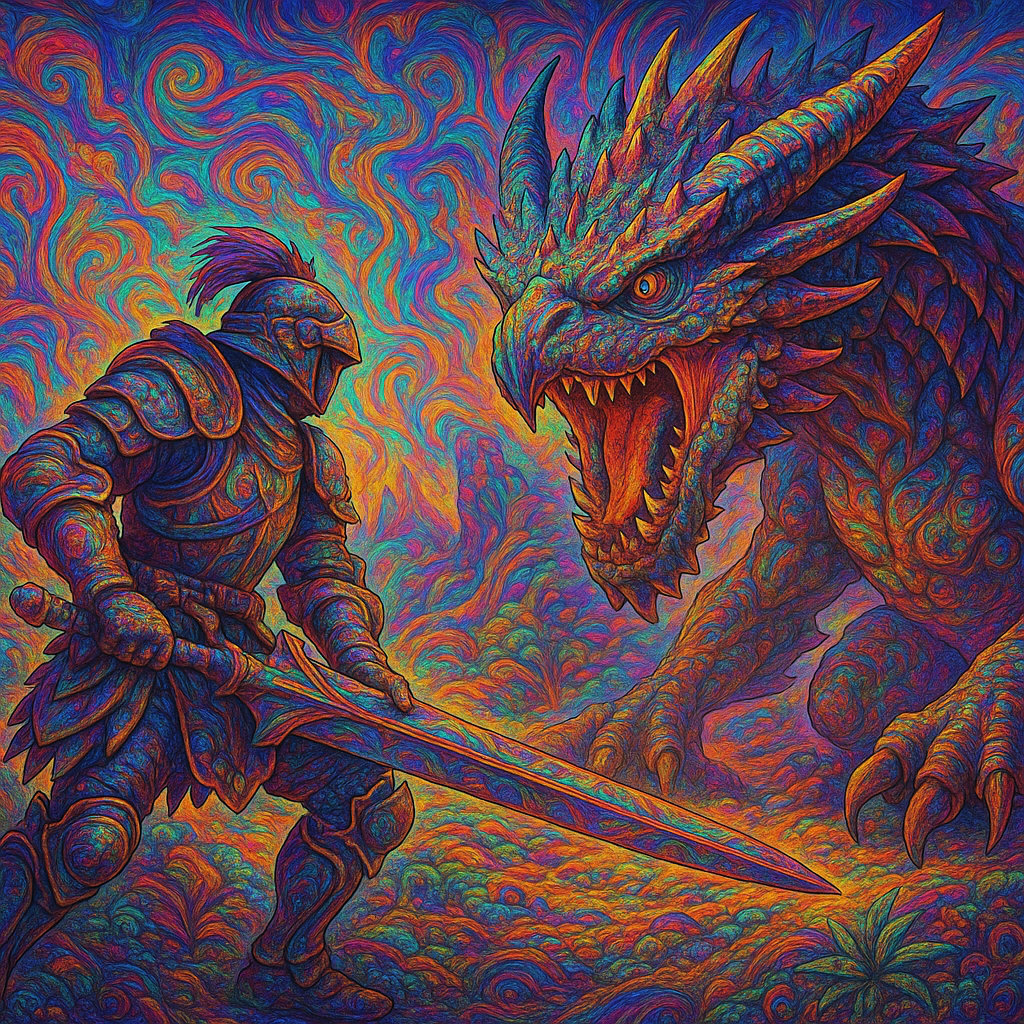 Vibrant, colorful artwork of a heavily armored knight confronting a fierce dragon, capturing the intense battle theme of Monster Hunter for a forum avatar.