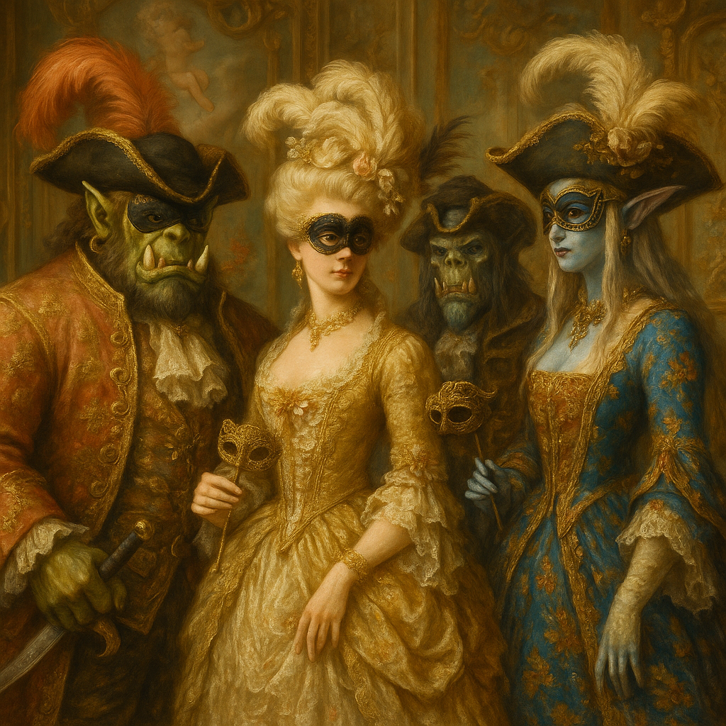 A Warcraft-themed forum avatar showing orc and night elf characters dressed in elaborate 18th-century masquerade attire, standing alongside a masked noblewoman in a lavish gown.