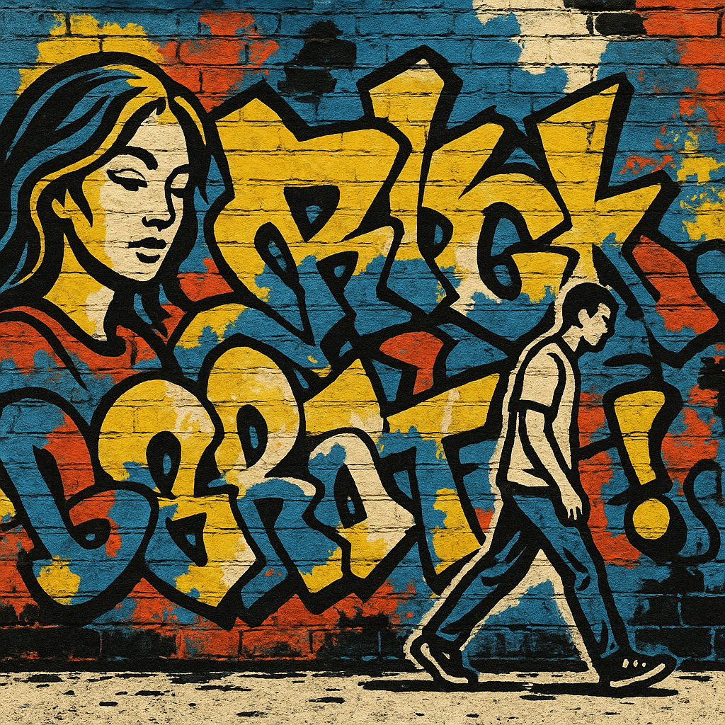 Colorful graffiti wall with a stylized woman’s face, a walking man, and bold, overlapping text, captured as a dynamic forum avatar/profile picture.