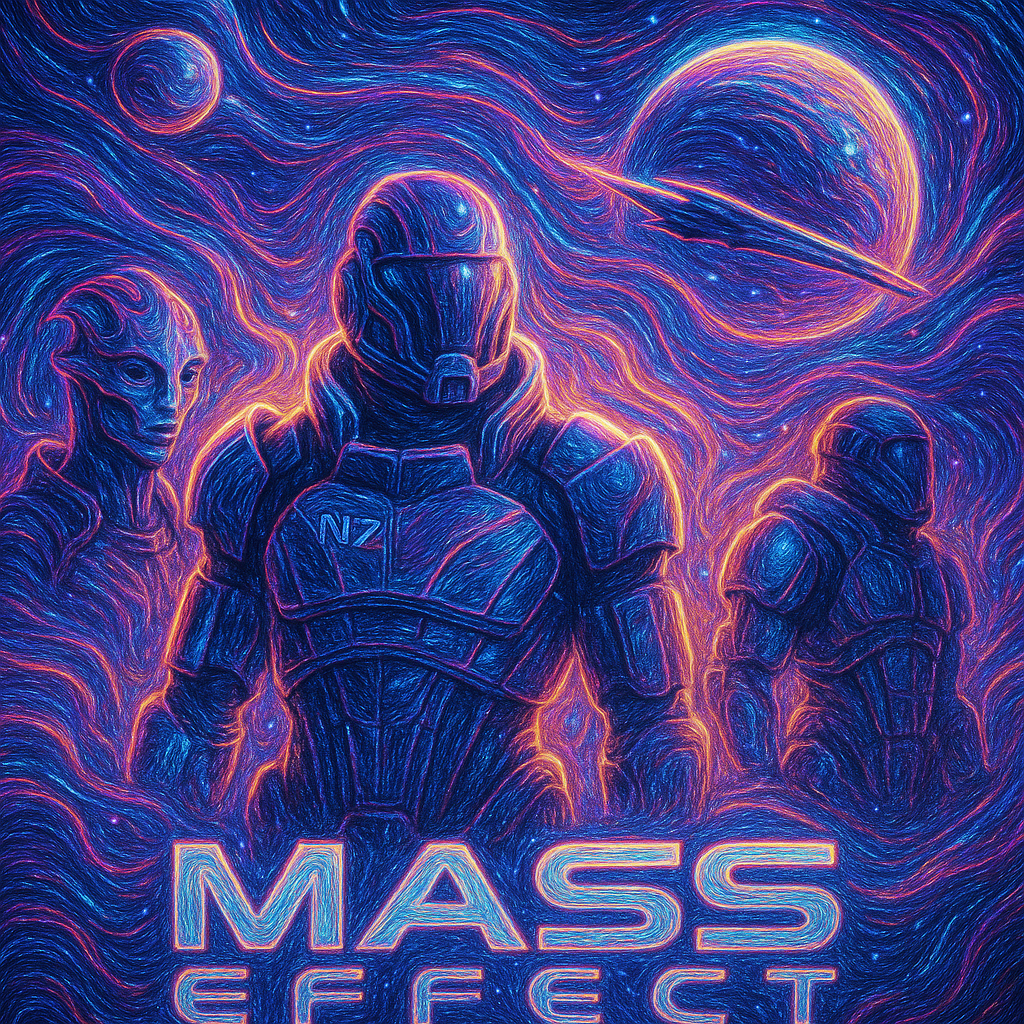 Forum avatar featuring vibrant, stylized Mass Effect characters against a cosmic background with swirling stars and planets in neon colors.