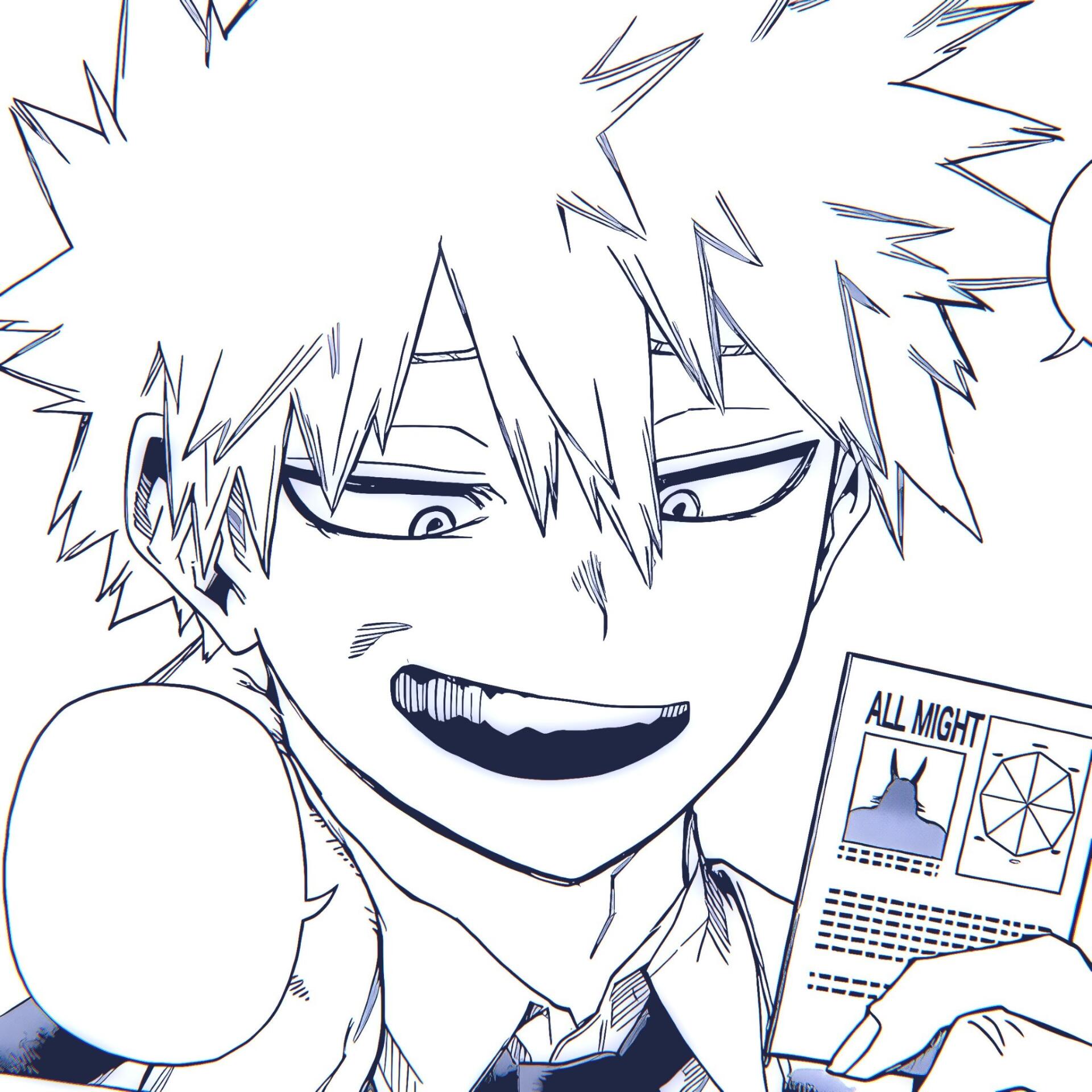 Manga-style black and white close-up of Katsuki Bakugou from My Hero Academia holding a card featuring All Might, used as a forum avatar.