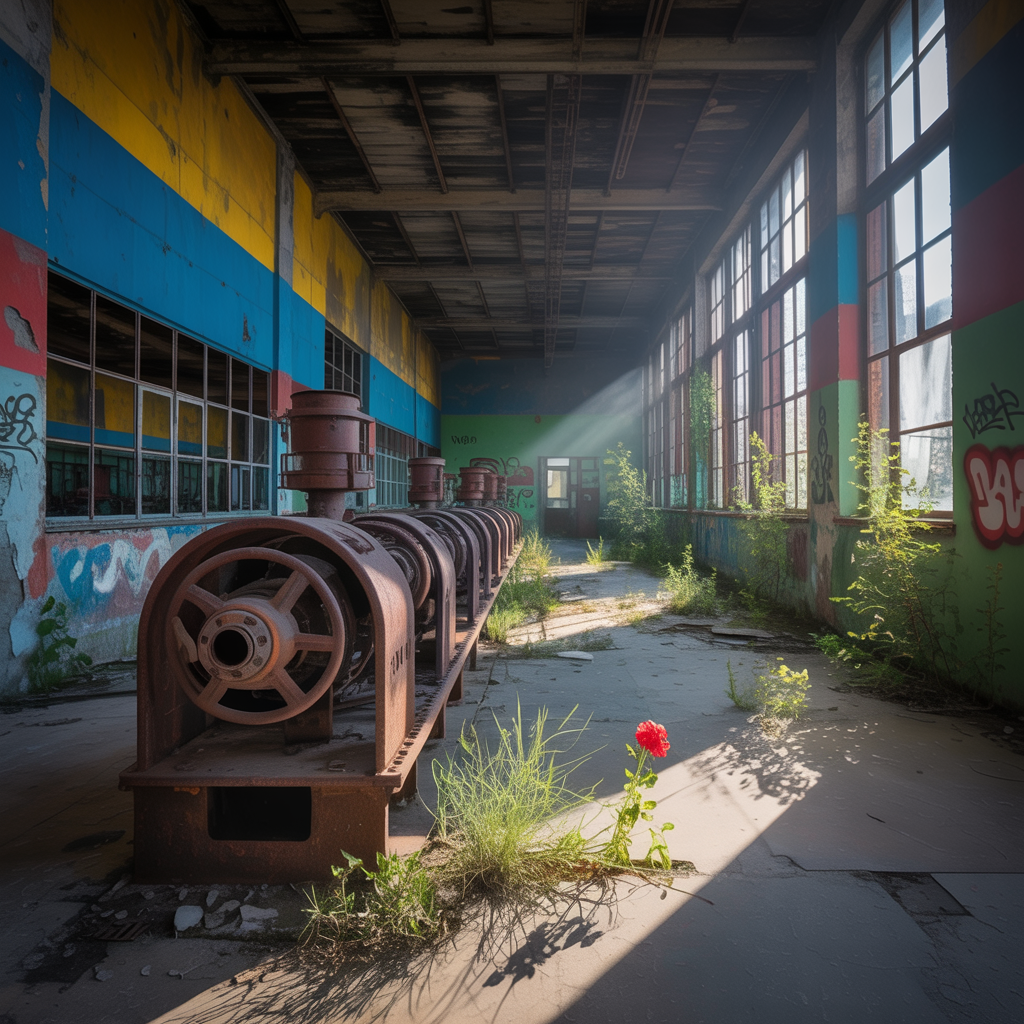 Sunlight streams through tall windows of an abandoned factory, illuminating rusted machinery and a single red flower growing amidst the overgrown floor, used as a forum avatar.