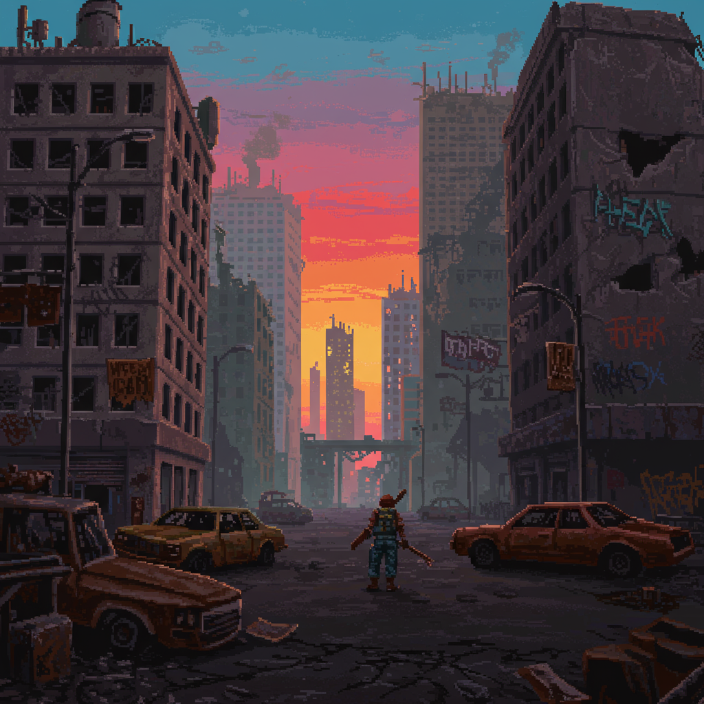 A post-apocalyptic cityscape at sunset, with ruined buildings, abandoned cars, and a lone figure in the street, used as a forum avatar.