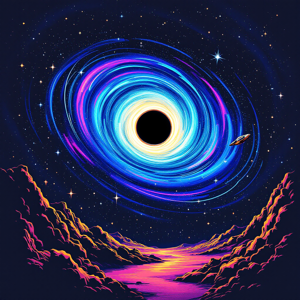 A vibrant, colorful black hole swirling in space, depicted as a glowing vortex above a rocky landscape, used as a forum avatar.