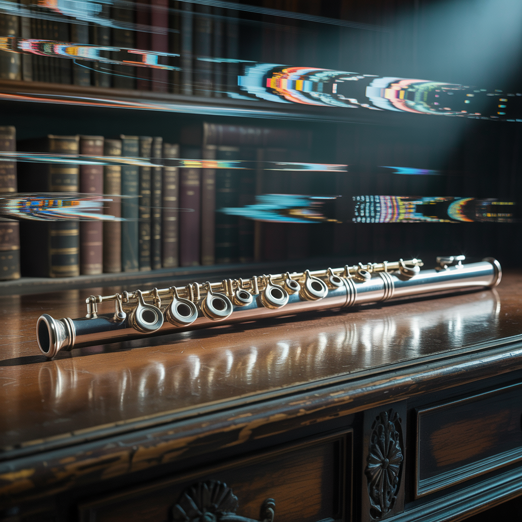 A polished flute resting on an ornate wooden surface, with a blurred bookshelf and glitch effect in the background, used as a forum avatar image.