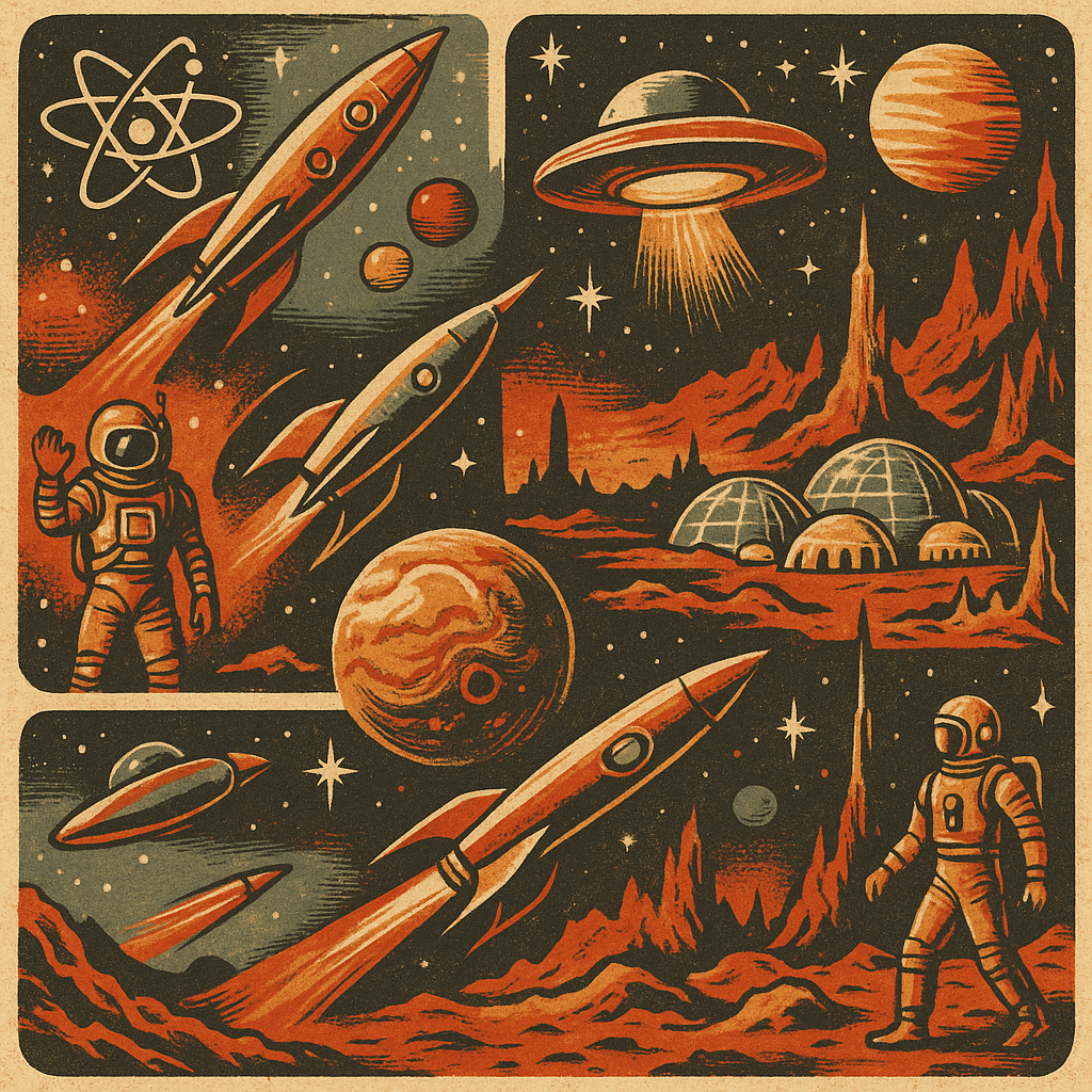 Retro-style space-themed forum avatar featuring rockets, planets, astronauts, domed habitats, and atomic symbols in a warm, vintage color palette.