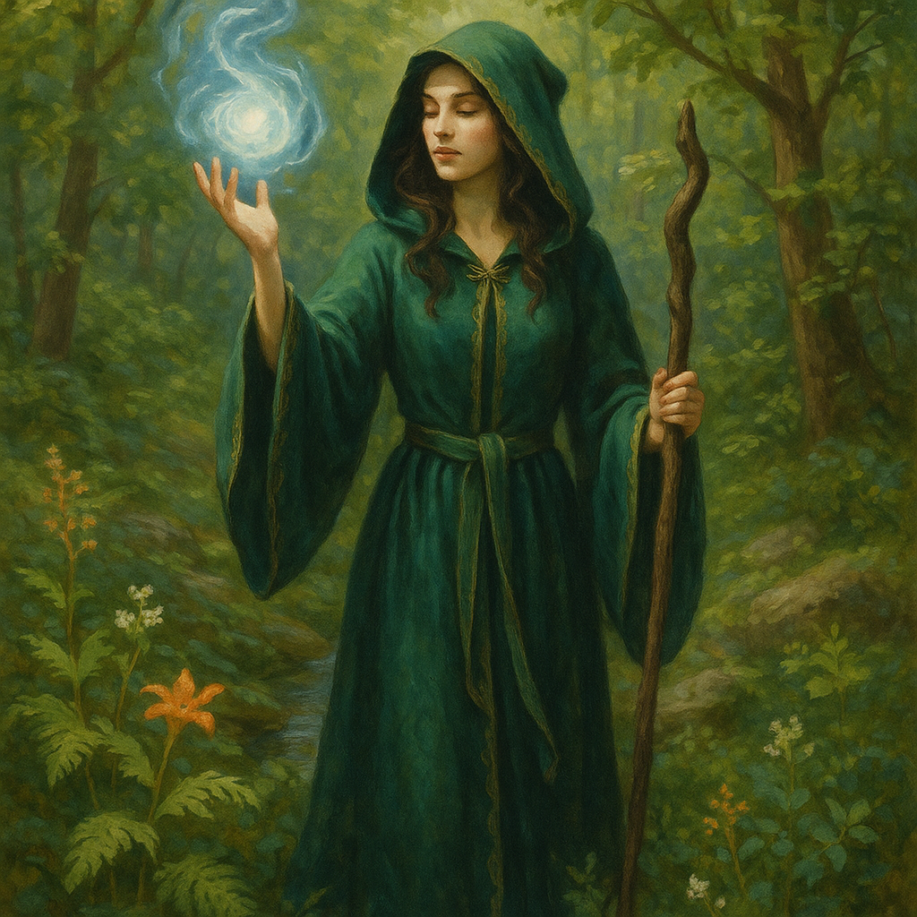 Forum avatar of a sorceress in a green hooded robe holding a glowing magical orb in one hand and a wooden staff in the other, set in a lush forest background.