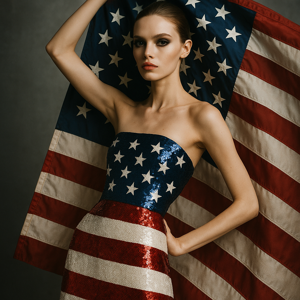 Forum avatar of a woman draped in a sparkling American flag-themed dress and holding a flag backdrop, embodying a bold 4th of July celebration.