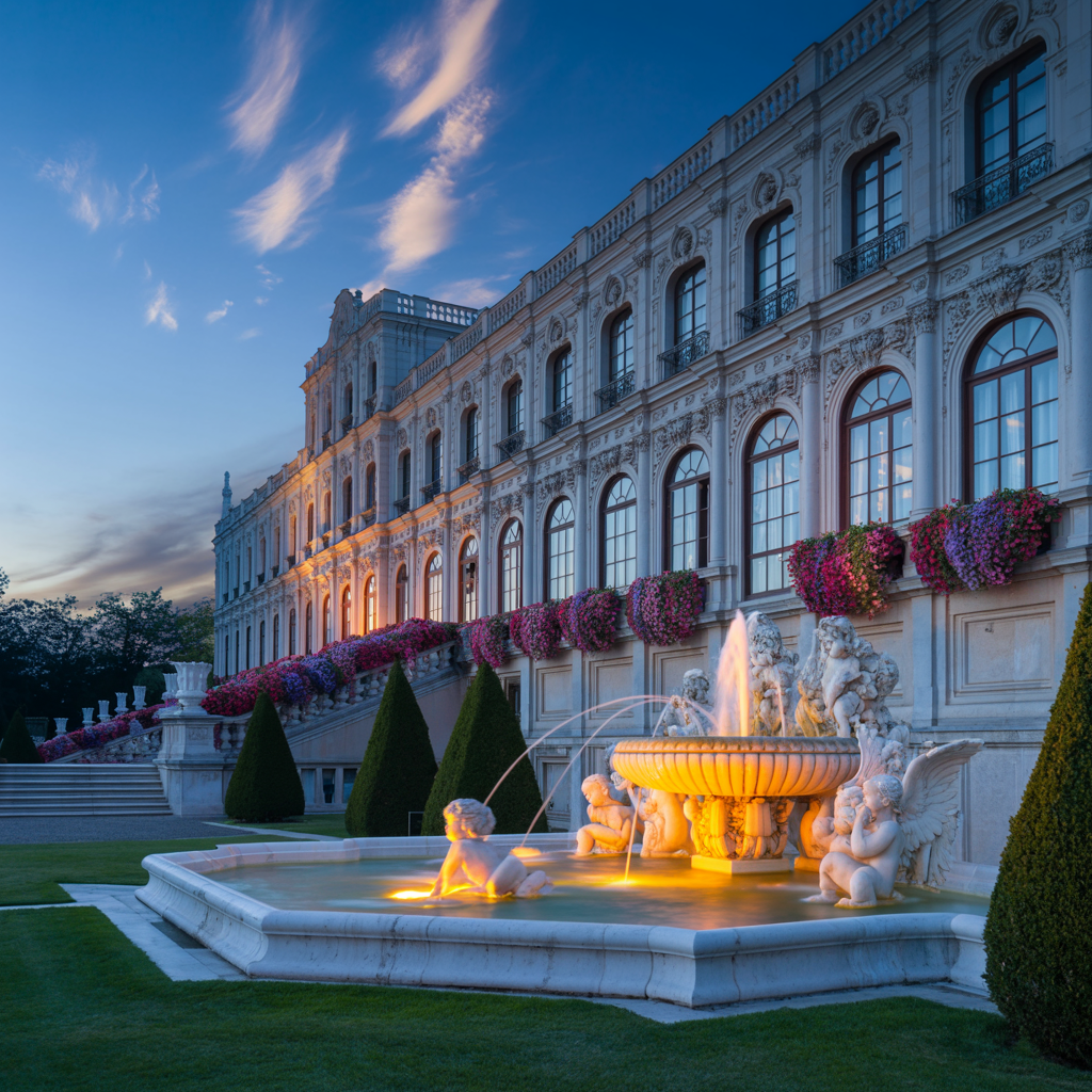 A majestic palace exterior at dusk with a glowing fountain featuring cherub statues in the foreground, used as a forum profile avatar.