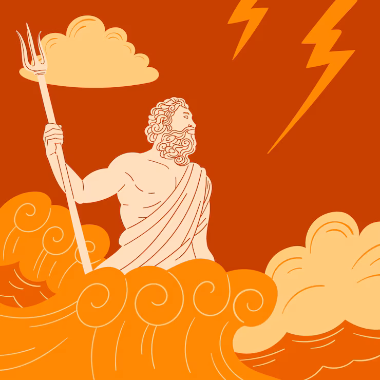 Illustration of Zeus, the god from mythology, holding a trident-like staff amid clouds and lightning bolts, set as a profile avatar with bold orange and beige tones.
