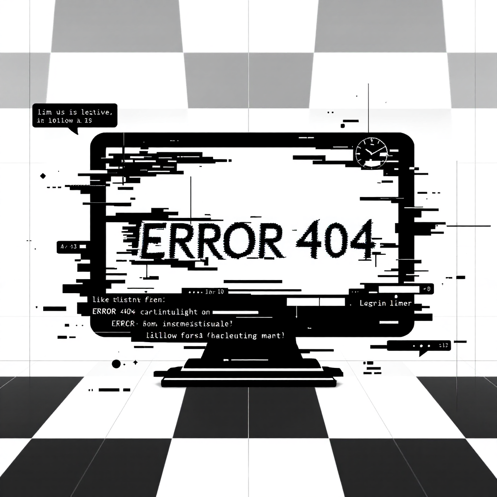 Digital glitch forum avatar showing a computer screen with ERROR 404 distorted by pixelated glitches on a black-and-white checkered background.
