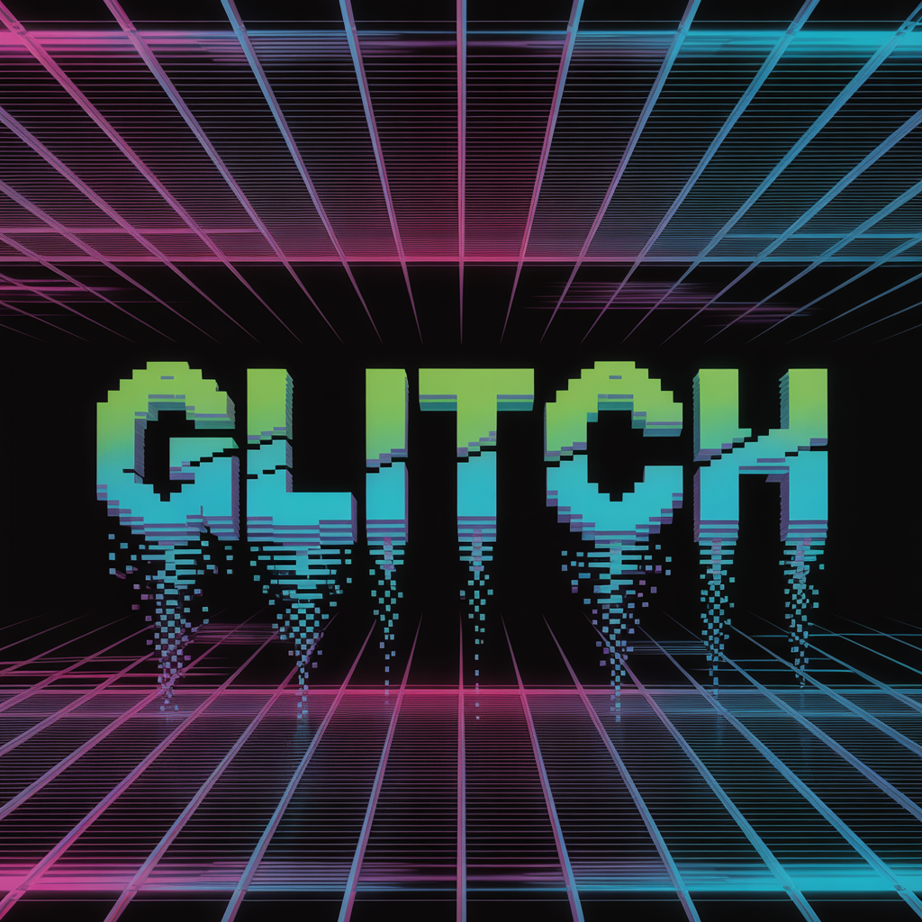 Digital glitch-themed forum avatar displaying the word GLITCH in pixelated, distorted text with a retro grid background in neon pink and blue hues.