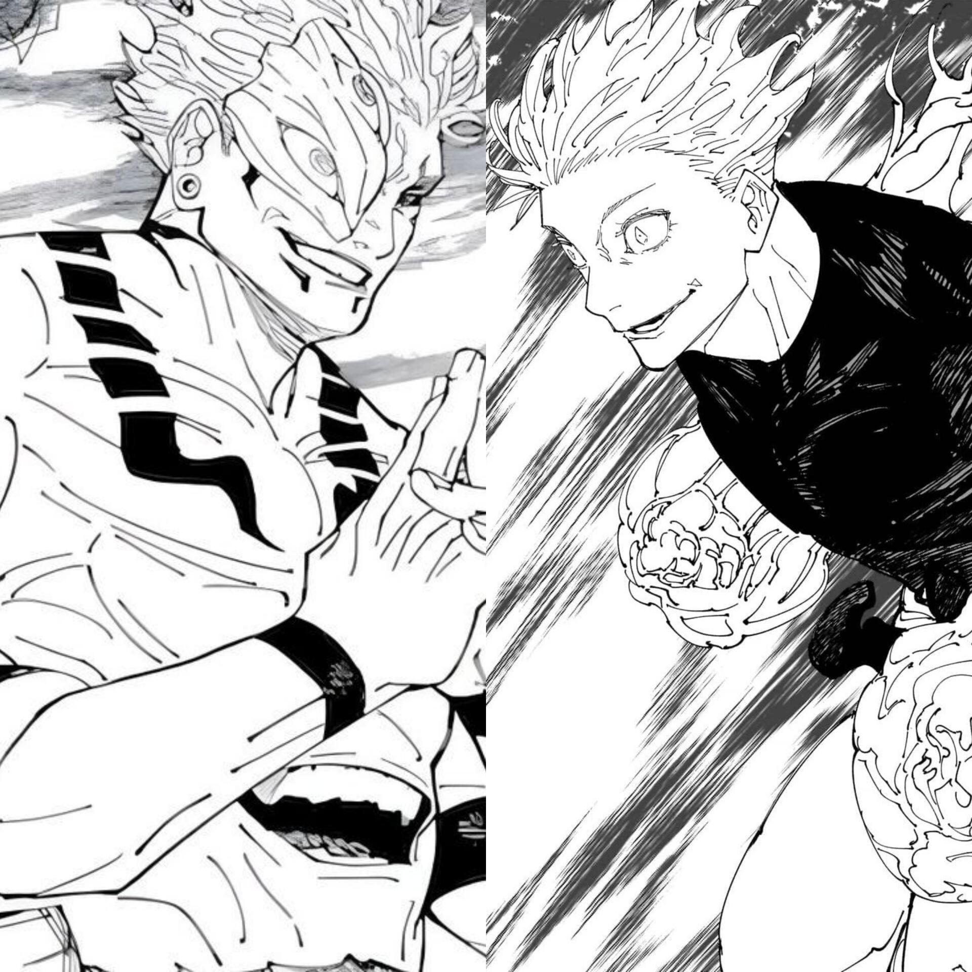 Black-and-white manga-style split image featuring Jujutsu Kaisen characters Satoru Gojo and Sukuna facing off in an intense Gojo vs Sukuna showdown.