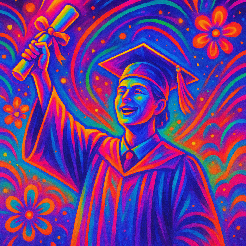 Vibrant, psychedelic-style forum avatar of a graduate in cap and gown holding a diploma, surrounded by colorful swirling patterns and flowers.