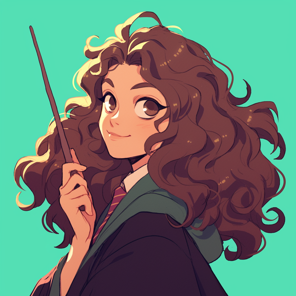 Anime-style illustration of Hermione Granger from the Harry Potter movies, holding a wand and smiling confidently against a teal background as a forum avatar.